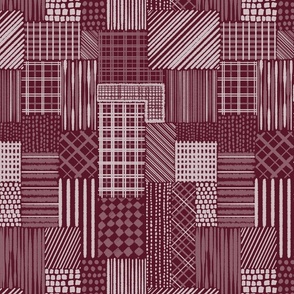 Borgogna Red Cheater Quilt With Irregular Grid of  Stripes, Dots and Plaid Patterns, Small Scale, Monochromatic Burgundy