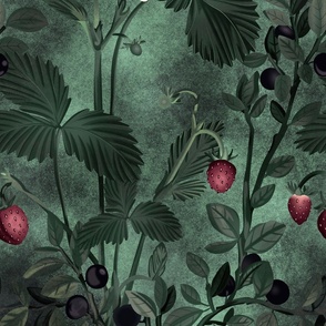 Berry Bliss, handdrawn illustrated forest motif with wild strawberries & blueberries, dramatic dark green
