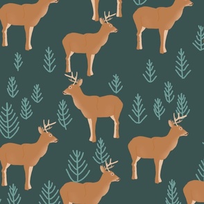 XL Deer in forest with conifers nordic woodland animals on dark green