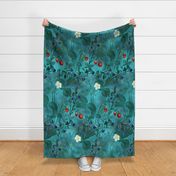 Berry Bliss, handdrawn illustrated forest motif with wild strawberries & blueberries, aqua blue green