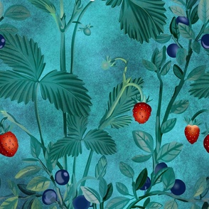 Berry Bliss, handdrawn illustrated forest motif with wild strawberries & blueberries, aqua blue green