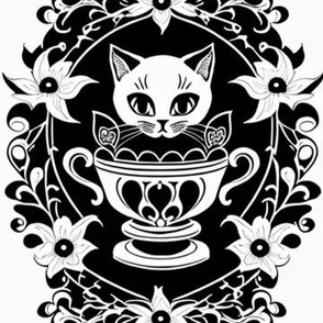 cats and tea cups black and white