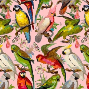 Parrots and parakeets painted