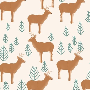 XL Deer in forest with conifers nordic woodland animals on cream