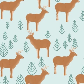 XL Deer in forest with conifers nordic woodland animals on light green