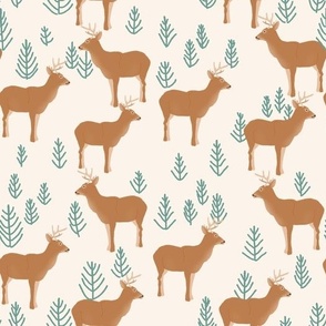 small Deer in forest with conifers nordic woodland animals on cream