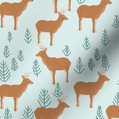 small Deer in forest with conifers nordic woodland animals on light green