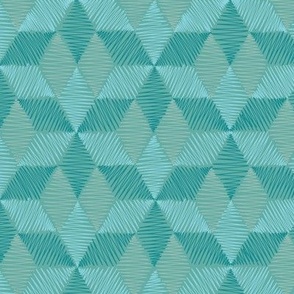  (Tiny) Scribbled Rhombus Stars “Scribbled diamond cubes “ in teal greens, light green and fawn