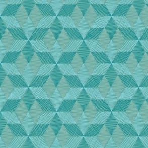 ( Micro) Scribbled Rhombus Stars “Scribbled diamond cubes “ in teal greens, light green and fawn