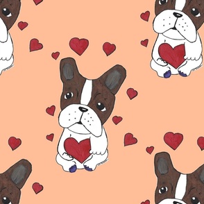 Boston Terrier with Hearts Pattern on a Peach Background 