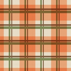 Large scale traditional plaid in Pantone Peach Fuzz, green, brown and beige. 