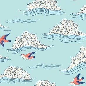 Japanese Inspired Orange Birds Flying Through Swirling Clouds and Blue Sky