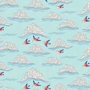 Textured, Japanese Inspired Orange Birds Flying Through Swirling Clouds and Blue Sky