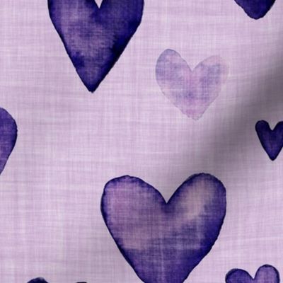 Dark plum and purple hand drawn watercolor hearts  with linen texture (large scale)