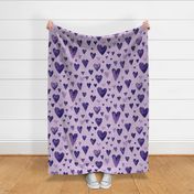 Dark plum and purple hand drawn watercolor hearts  with linen texture (large scale)