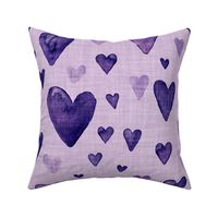 Dark plum and purple hand drawn watercolor hearts  with linen texture (large scale)