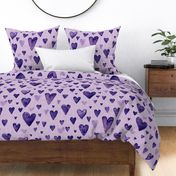 Dark plum and purple hand drawn watercolor hearts  with linen texture (large scale)