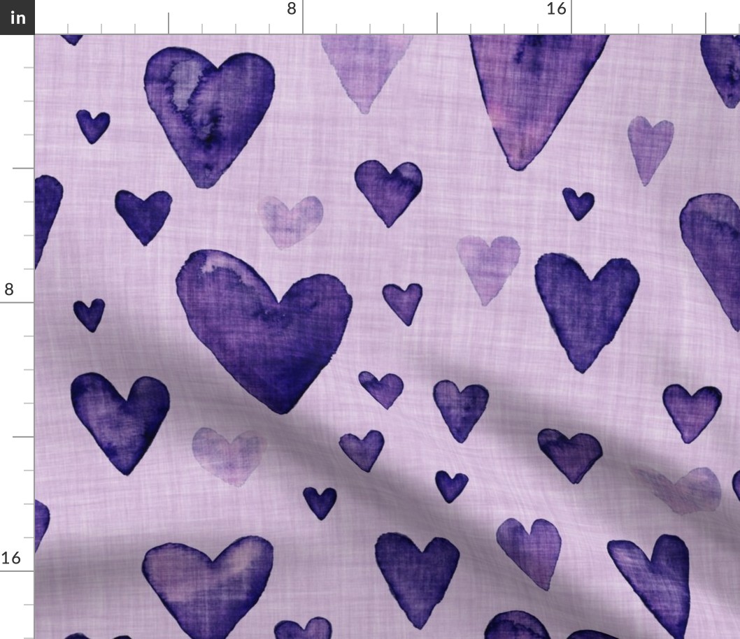 Dark plum and purple hand drawn watercolor hearts  with linen texture (large scale)