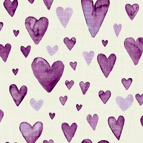 Bright purple hand drawn watercolor hearts on ivory with linen texture (jumbo/ extra large scale)