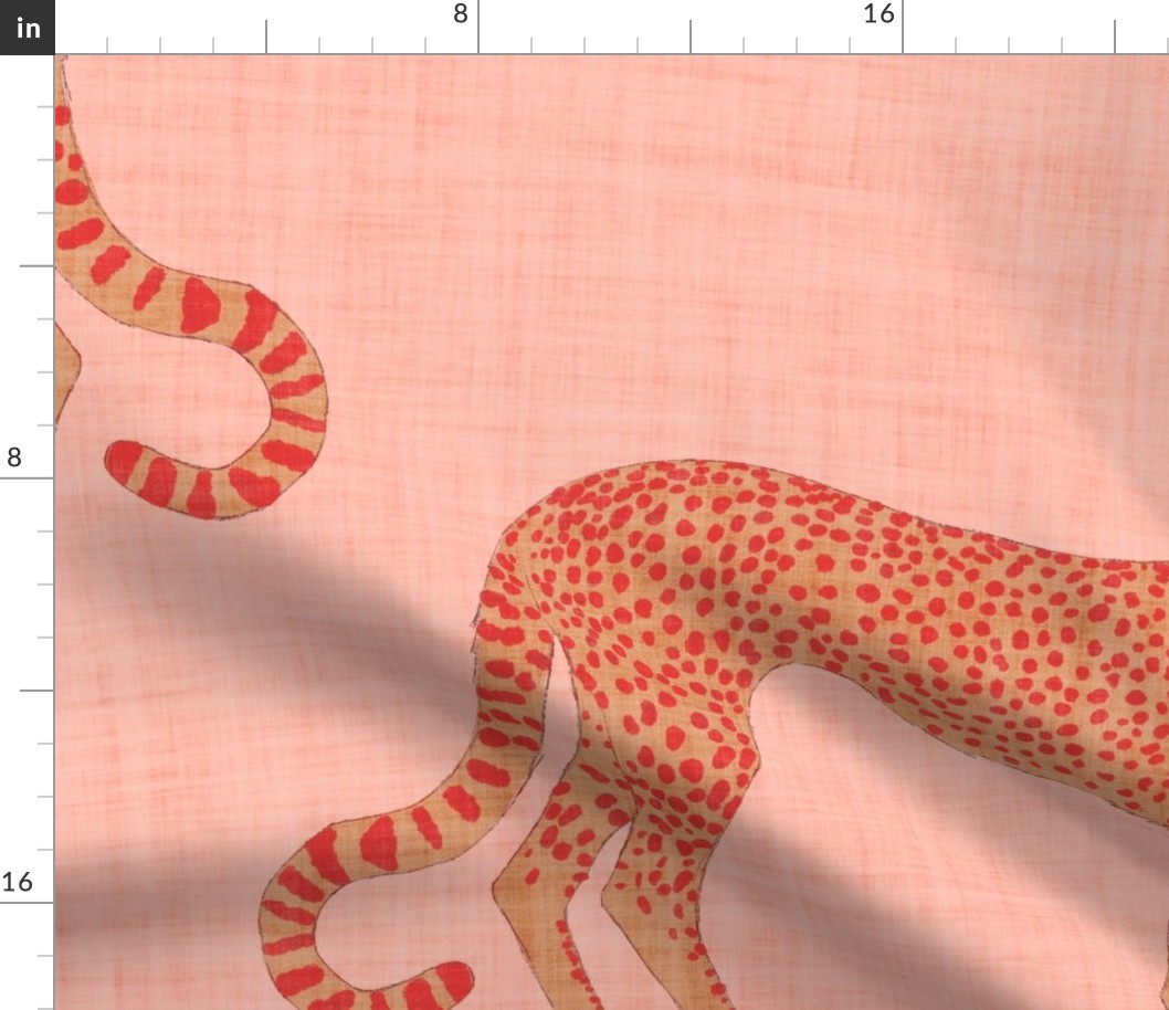 Peach fuzz and salmon orange handpainted cheetahs on peach with linen texture (extra large / jumbo scale)
