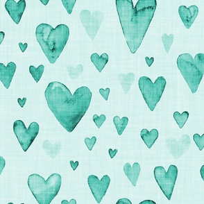 blue green hand drawn watercolor hearts  with linen texture (jumbo/ extra large scale)