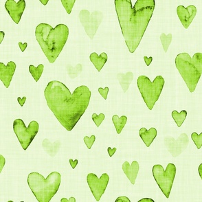 Chartreuse hand drawn watercolor hearts  with linen texture (jumbo/ extra large scale)