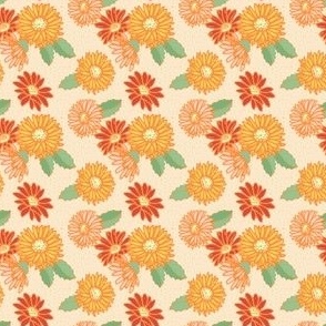 Small- scale gerberas and leaves in orange and green for quilting fabric or other sewing projects.