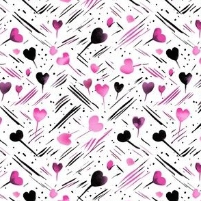 Hot Pink and Black Valentine Hearts on White in Criss Cross Pattern by kedoki in tiny print