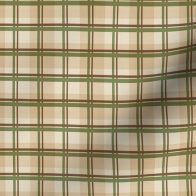 Small scale traditional plaid in sand, green, brown and beige.