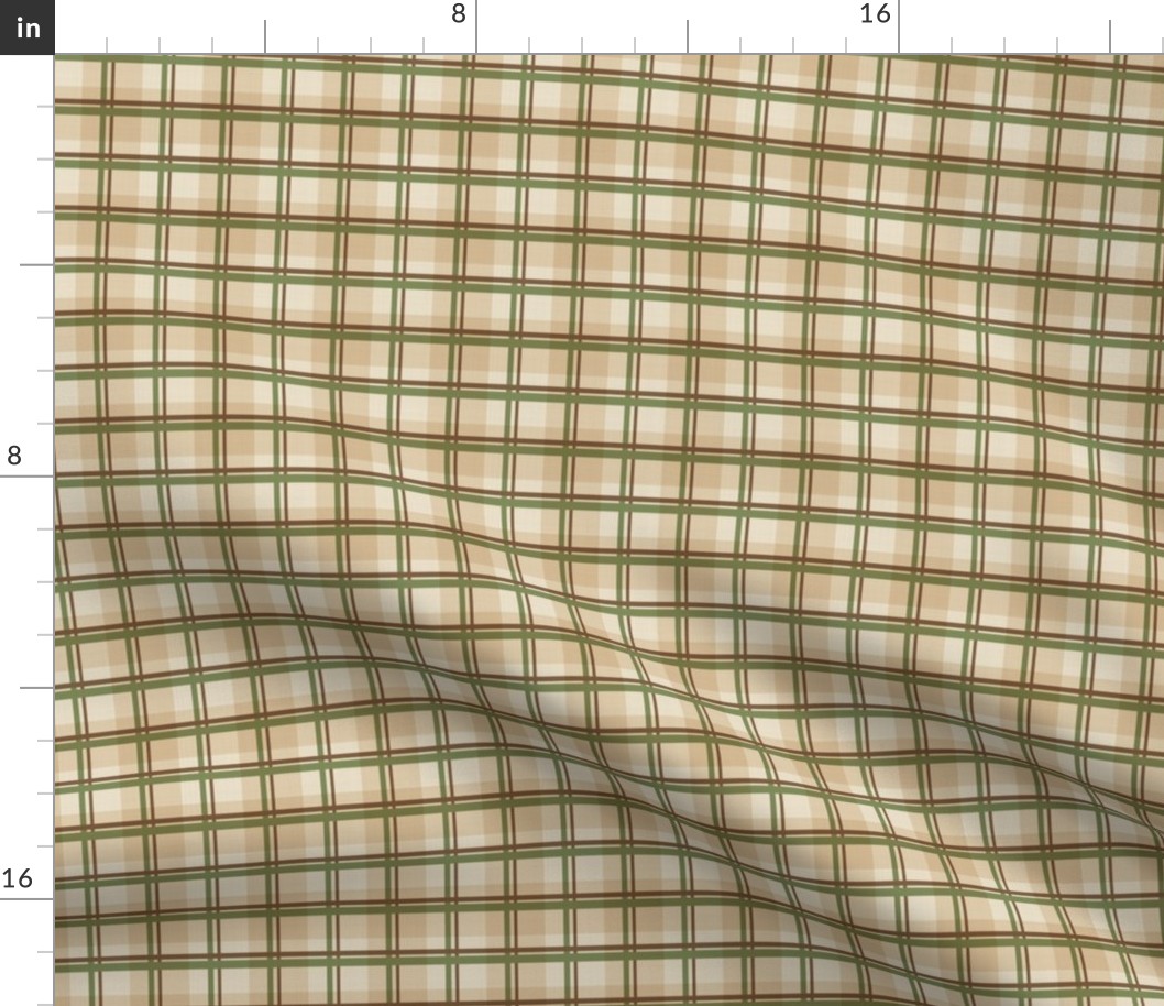 Small scale traditional plaid in sand, green, brown and beige.