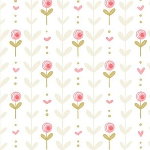 Poppy Fields - Pink Poppies - Heart Vines - Creamy White - Medium