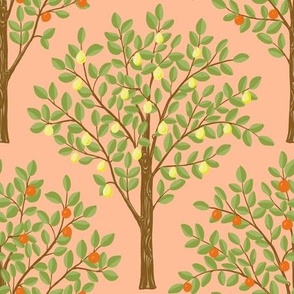 Peach fuzz background Citrus Grove with oranges and lemons repeat pattern