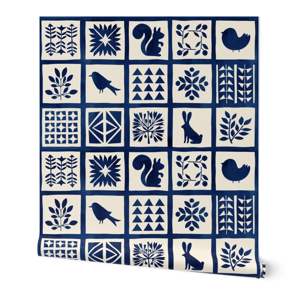 Indigo Forest Biome Botanical and Woodland Critter 6" Patchwork Cheater Quilt