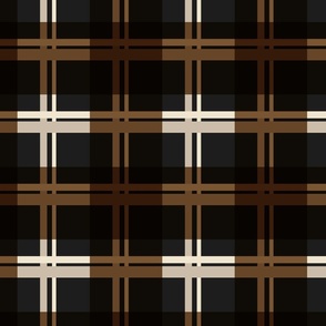 Large scale modern plaid in black, brown, tan and beige. 