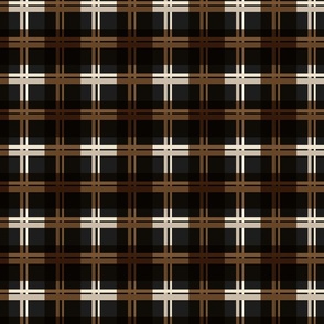 Medium scale modern plaid in black, brown, tan and beige.