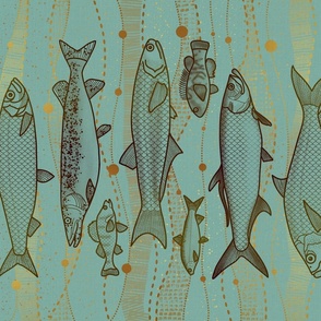 Freshwater Fish Tea Towel  // Bronze on Light Teal