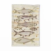 Freshwater Fish Tea Towel  // Bronze on Ivory