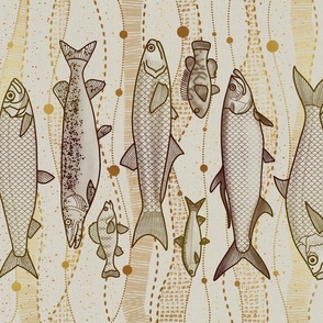 Freshwater Fish Tea Towel  // Bronze on Ivory