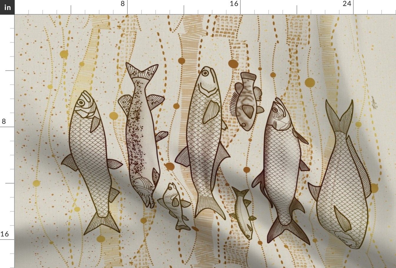 Freshwater Fish Tea Towel  // Bronze on Ivory