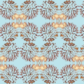 sky blue with a fireworks inspired pattern in gold and brown.