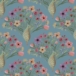 Whimsical damask pattern of birds with cutesy floral tails - peacocks, bees , ladybirds - mid size  print.