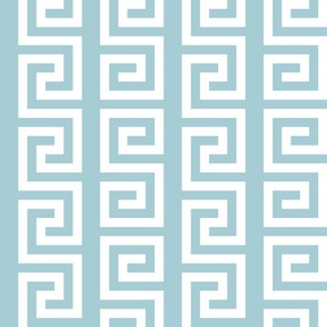 Ancient Greek Mythical Classic Key Swirls Waves - Modern Simple Greece Geometric Traditonal Ornament - A5CDD3 Turquoise Blue Cyan on White - Vertical Stripe - Middle #7