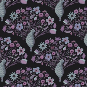 Magical peacocks with floral tails flying at dark night - fantasy , maximalist , damask  - mid size  print.