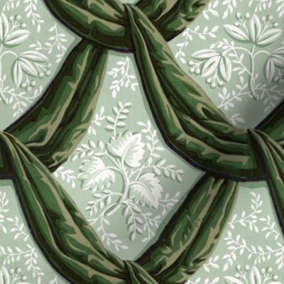 1802 Vintage French Botanical Drapery in Green and Celadon