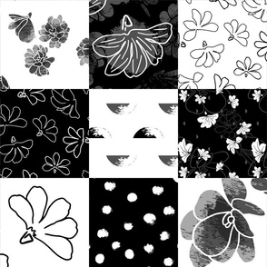 6” Naupaka Floral Monochrome b/w Cheater Patchwork Quilt