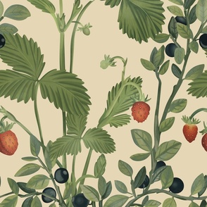 Berry Bliss, handdrawn illustrated forest motif with wild strawberries & blueberries, antique sage green on warm beige