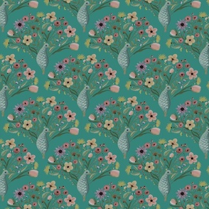 Magical peacocks with cute floral tails with bees, ladybirds and spider webs for kids room wallpaper - small print.