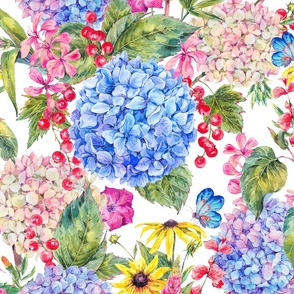 Bright Watercolor Hydrangea  Flowers - L