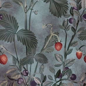Berry Bliss, handdrawn illustrated forest motif with wild strawberries and blueberries, dark anthracite green