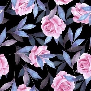 Pink roses with blue leaves on black